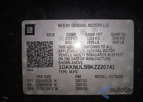 2019 GMC Acadia Slt-1 z USA, uszkodzony, nr VIN 1GKKNULS9KZ220741